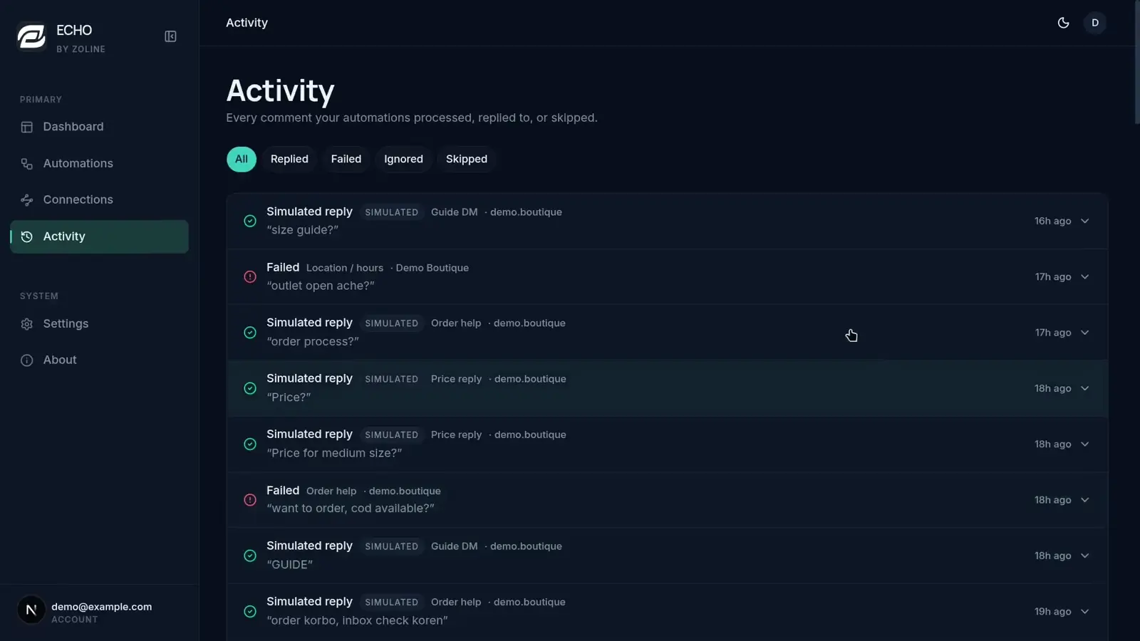 ECHO Activity page showing the execution feed with reply, failure, and ignored statuses plus expandable details