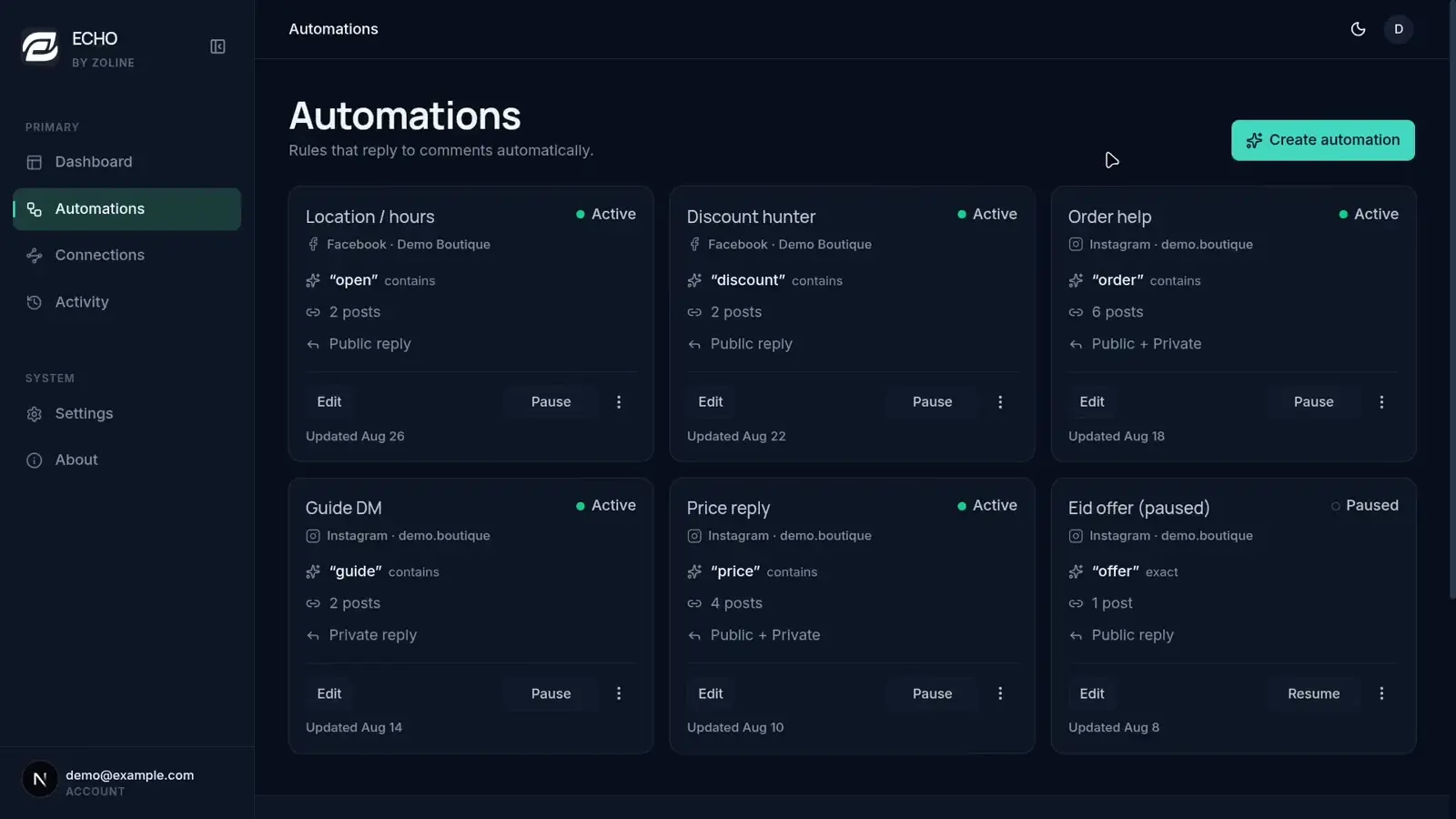 ECHO automations list and new automation account selection