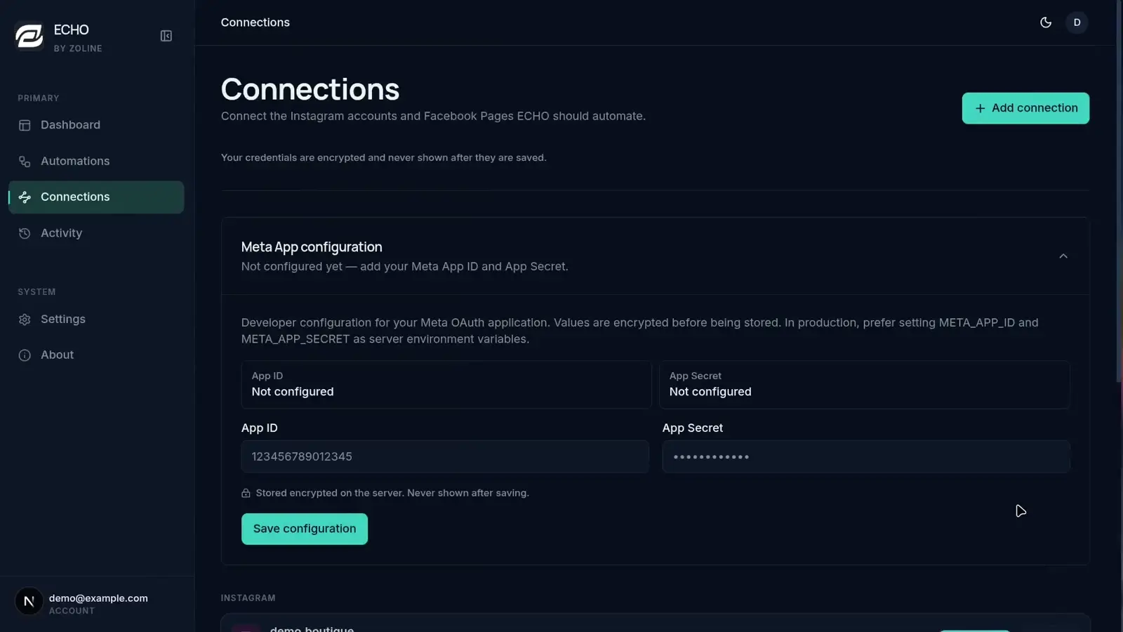 ECHO Connections page showing connected Instagram and Facebook accounts with connection status