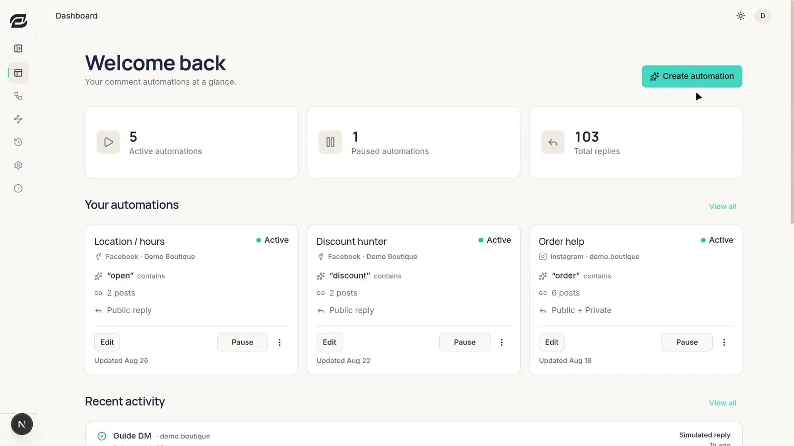 ECHO dashboard on desktop showing the automation overview, recent activity, and usage at a glance