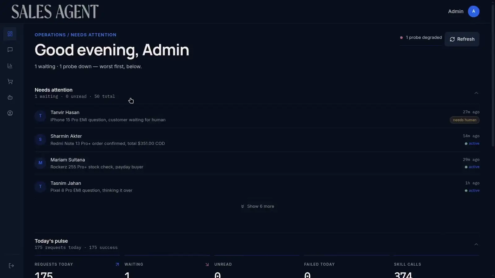 Full Sales Agent walkthrough: dashboard, inbox, catalog, orders, AI settings, and setup